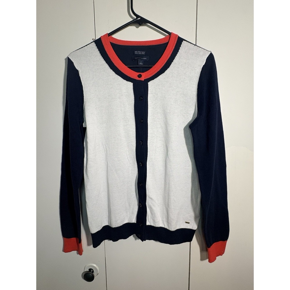 Tommy Hilfiger Cardigan Sweater Women M Red White Navy 100 Cotton Preppy Varsity